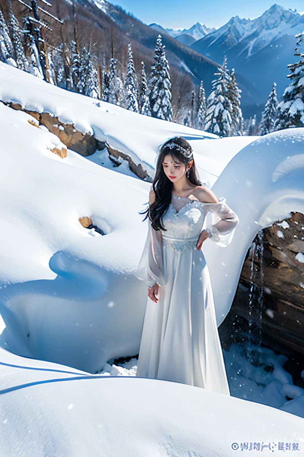 Photographic realism、quality、超高分辨率、photore、（Full body photo）（Very good figure）（Very detailed faces），（intricately details）princess on snow mountain，Wearing a gorgeous snow-white dress，The hem of the skirt seems to be condensed from the falling snowflakes from the snow-capped mountains.。Her long hair falls on her shoulders like a black waterfall，The head  dotted with a pure white flower。Her eyes are clear and bright，As crystal clear as lake water。Her skin  fair and pure，Like  and snow on snowy mountains。The princess  surrounded by falling snowflakes，Surrounding her as if she were her guardian，Create a mysterious and enchanting atmosphere。In such an environment，The princess  like a blooming flower on the snow-capped mountainudes purity and nobility。