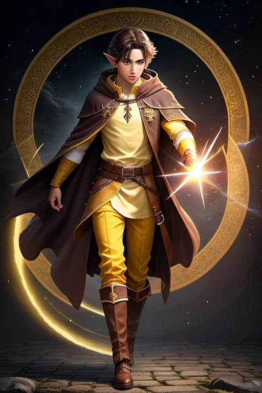 full body, male, half elf,  age, wizard, brownish skin, dark brown hair, yellow eyes, mage robe