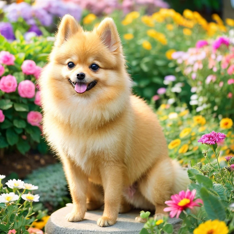 "A cute beige Pomeranian with a playful expression, sitting on a flower garden."
