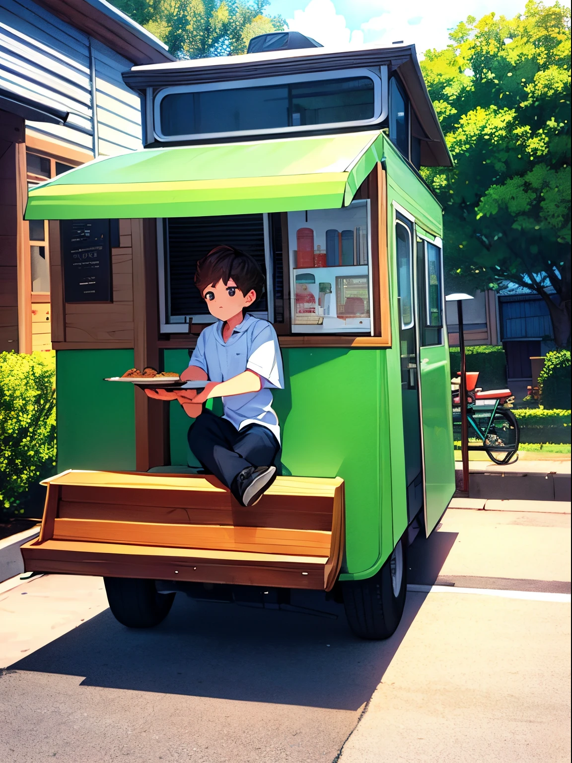 Boy eating food , food truck , at streets, no vehicle , houses , gardens , near a house, 8k, best , quality , masterpiece:1.2