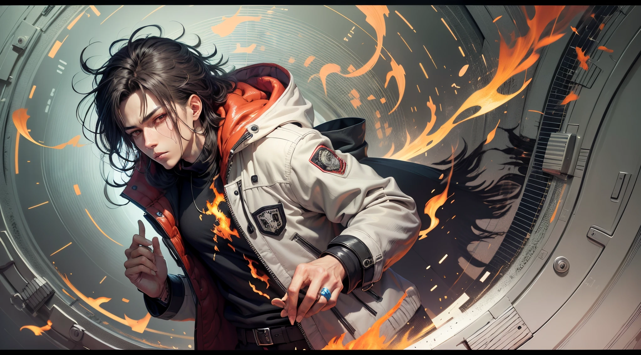 With black hair with red hairs, red eyes like flames, with a flame pattern on the left side of the face, with a medium build, white skin in a gray half-jacket, half a coat with patterns of red flames, mirror dark gray gloves covering the entire hand with a dark gray sweater under a dark red coat trousers and black clothing with red soles anime --auto --s2