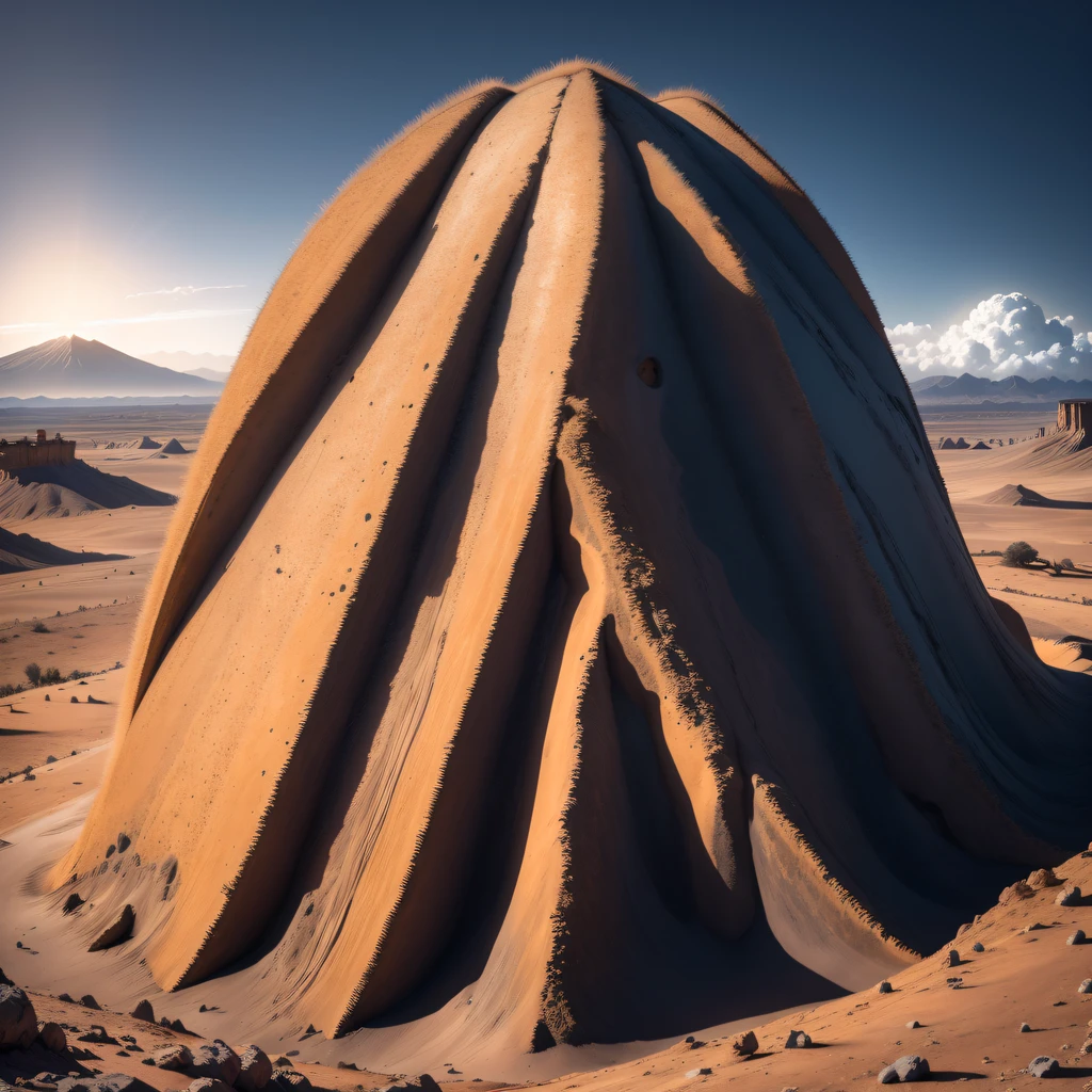 Alien base (The  very detailed) in desert mountains，There are several exhaust fans and chimneys, some spotlights shine from the base，Light up dark places at night), There are some clouds in the night sky, Some surrounding planets provide air to unknown planets，The farthest giant volcano  erupting