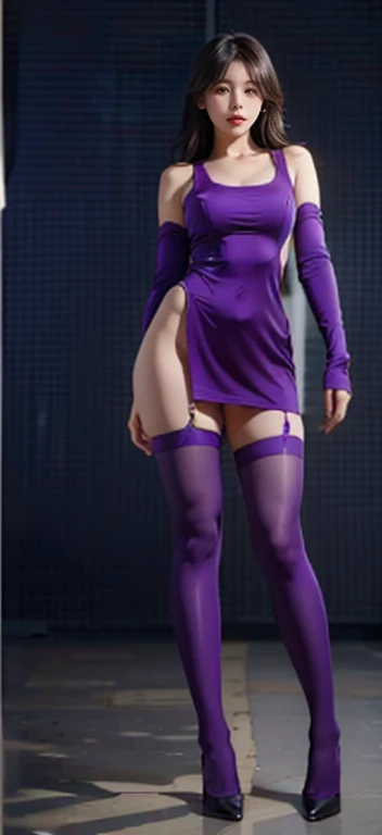 A female soldier,Thick purple pantyhose,Bright purple stockings,Purple stockings,Purple hips wrapped socks,Cocked buttocks,huge tit,Super detail,hyper HD,A high resolution,1080p,Anatomically correct,ccurate,Physical coordination,Photo portrait,slender thiest quality, Masterpiece, 超A high resolution, RAW photo, Beautiful and aesthetic,deepshadow, (Photorealistic:1.4), full-body composition, Striking perspective