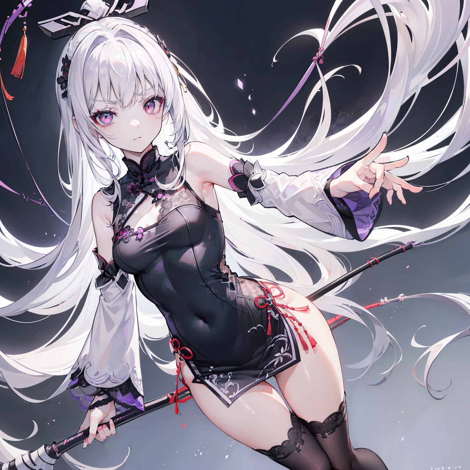 (white backgrounid:1.4),(8K, Best quality, tmasterpiece:1.2),\(Eyes detailed\),\(facial feature\),(\(Clothing details body details,(surface focus) ,Very detailed CG-8k wallpaper,hugefilesize,ultra - detailed,A high resolution,Huang Li,beautidful eyes,Ray traching,dramatic shadow,Detailed pubic hair,dramatic angles,hyper-detailing,(1 girl:1.3),(sonata),White hair,shinny hair,Long straight hair,(Hair length to hips:1.1),red eyes,Air bangs,Willow eyebrows.(Purple-gray skin:1.2),(small:1.2),Slim,Weakness of the body.(China Cheongsam:1.2)+(upper contour),(Black lace fishing net:1.3),Black embroidered shoes.