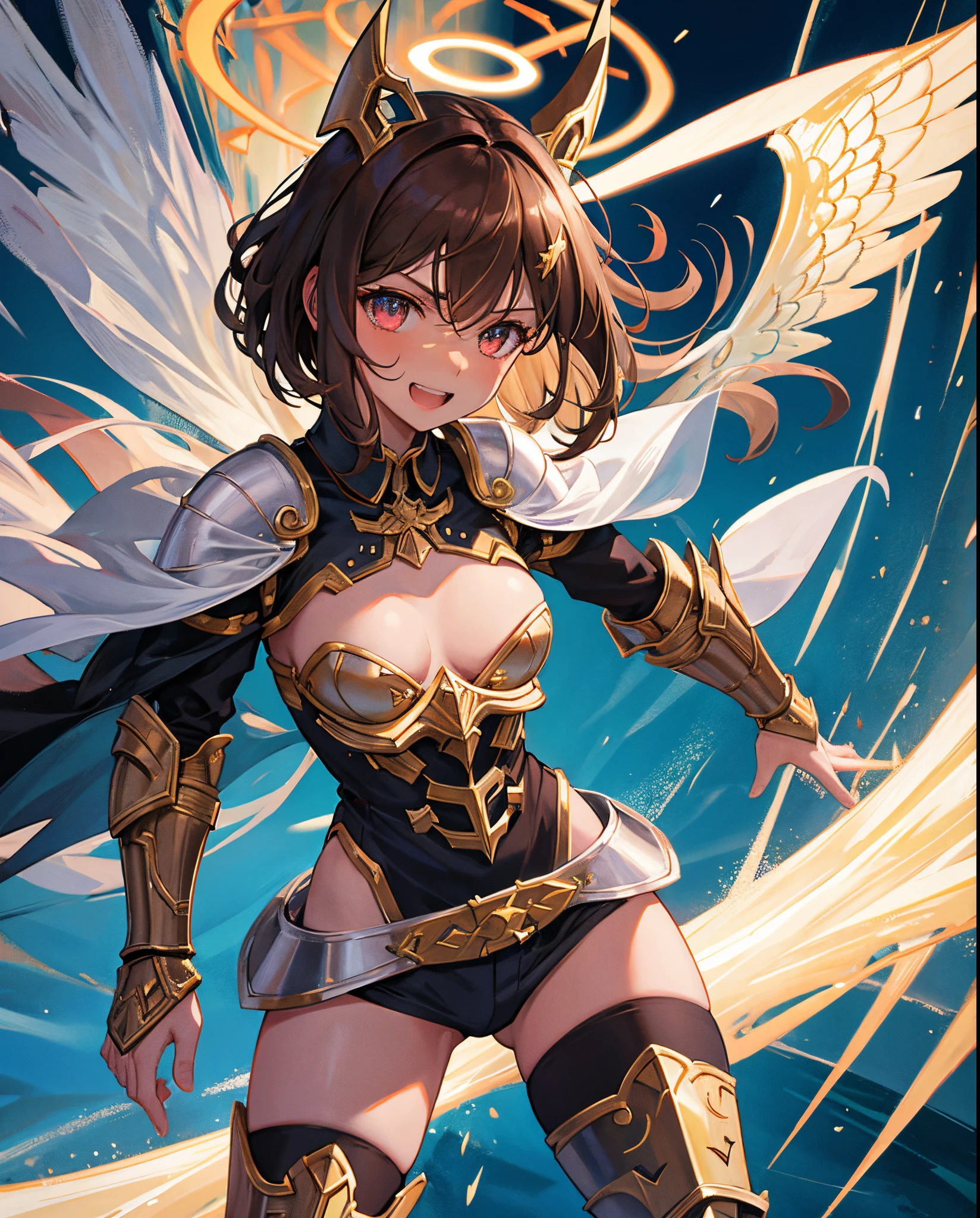 fantasy, 1angel_girl,child, loli,brown_hair, medium_bob_hair, long_bangs, halo,bare_shoulder,thighhighs,silver_armor, waist_armor, large_breasts,angry,grinning,open_mouth_teeth, 1pair_wings, dynamic_pose_fighting,floating, bare_crotch, headgear,gauntlet, greaves,city_sky_background,slightly_spread_legs, solo, groin_naked,dark_skin,