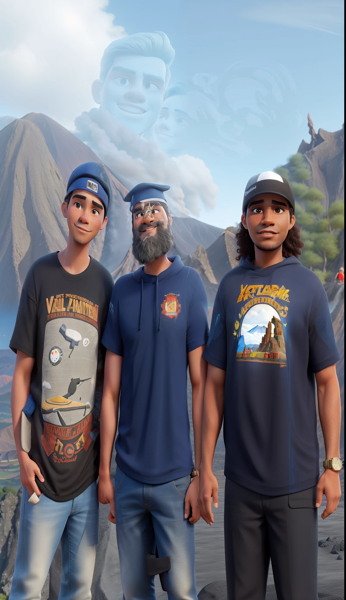 three men in front of a mountain with a sky background, in volcano, in a Volcano, standing close to volcano, in a Volcano, with a volcano in the background, Black volcano from afar, volcanoes in the background, arte oficial, volcano in background, volcano in background, volcanic, Barong family, altamente detalhado, volcano setting, vocalistas de apoio, snapback cap
