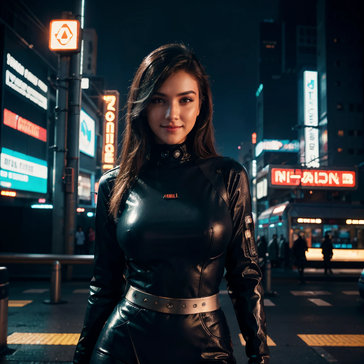 8k,masterpiece, beautiful model woman, 1, girl solo, alone (((adorable girl))), ((small waist)) blue eyes, ((smile showing teeth)), big eyes, small nose, button nose, adorable realist face, posing for a picture, slim body, small chest, full body portrait, long black straight hair, long bangs. superhero costume. sword in hands. face cute, big blue eyes. The background very realistic night Cyberpunk city lots magenta-blue bright neon signs.