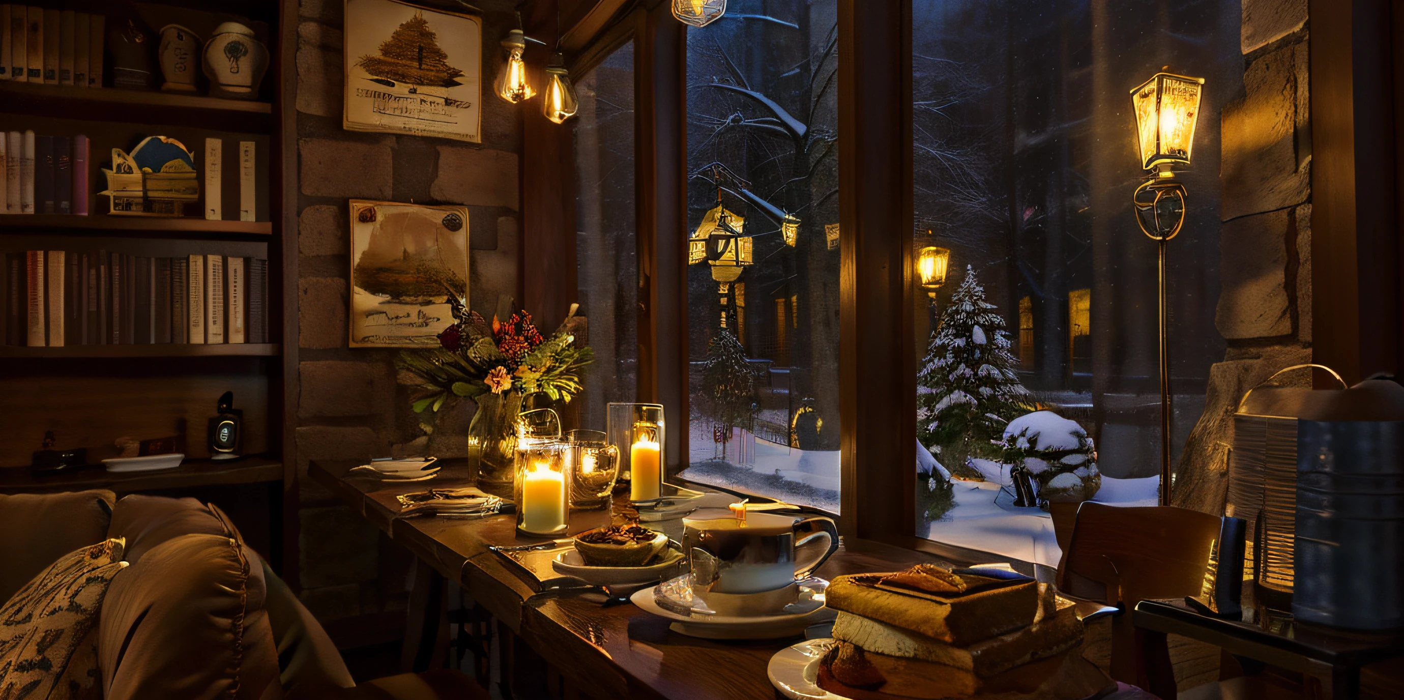 there a table with a cup of coffee and a plate of cookies, cena encantada aconchegante, Papel de parede aconchegante, ambiente aconchegante, cozy cafe background, fundo aconchegante da casa, cena altamente detalhada, Pleasant and welcoming atmosphere, lugar aconchegante, ambiente aconchegante, atmosfera acolhedora, Taberna aconchegante mal iluminada, atmosfera aconchegante, Winter scenario, Cozy setting, ambiente acolhedor e tranquilo, luz de velas aconchegante