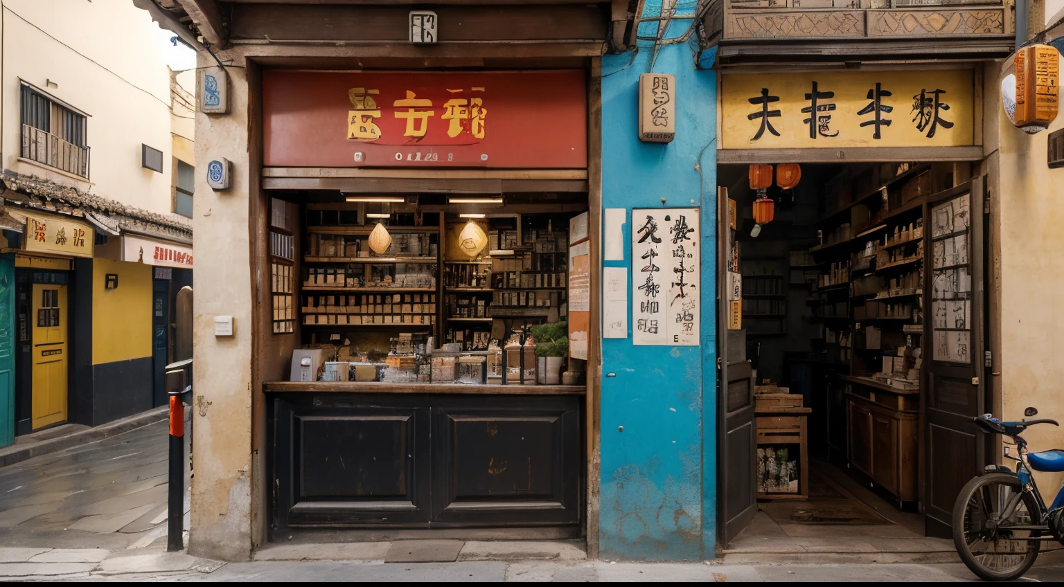 una calle de un barrio chino, lleno de adornos tradicionales chinos, anuncios pegados en las paredes, tiendas de articulos chinos, restaurantes de comida china, grafitis en las paresdes, calles sucias, antecedentes de alta calidad, trazado de rayos, muy realista, muy detallado, gente detallada, 8k,