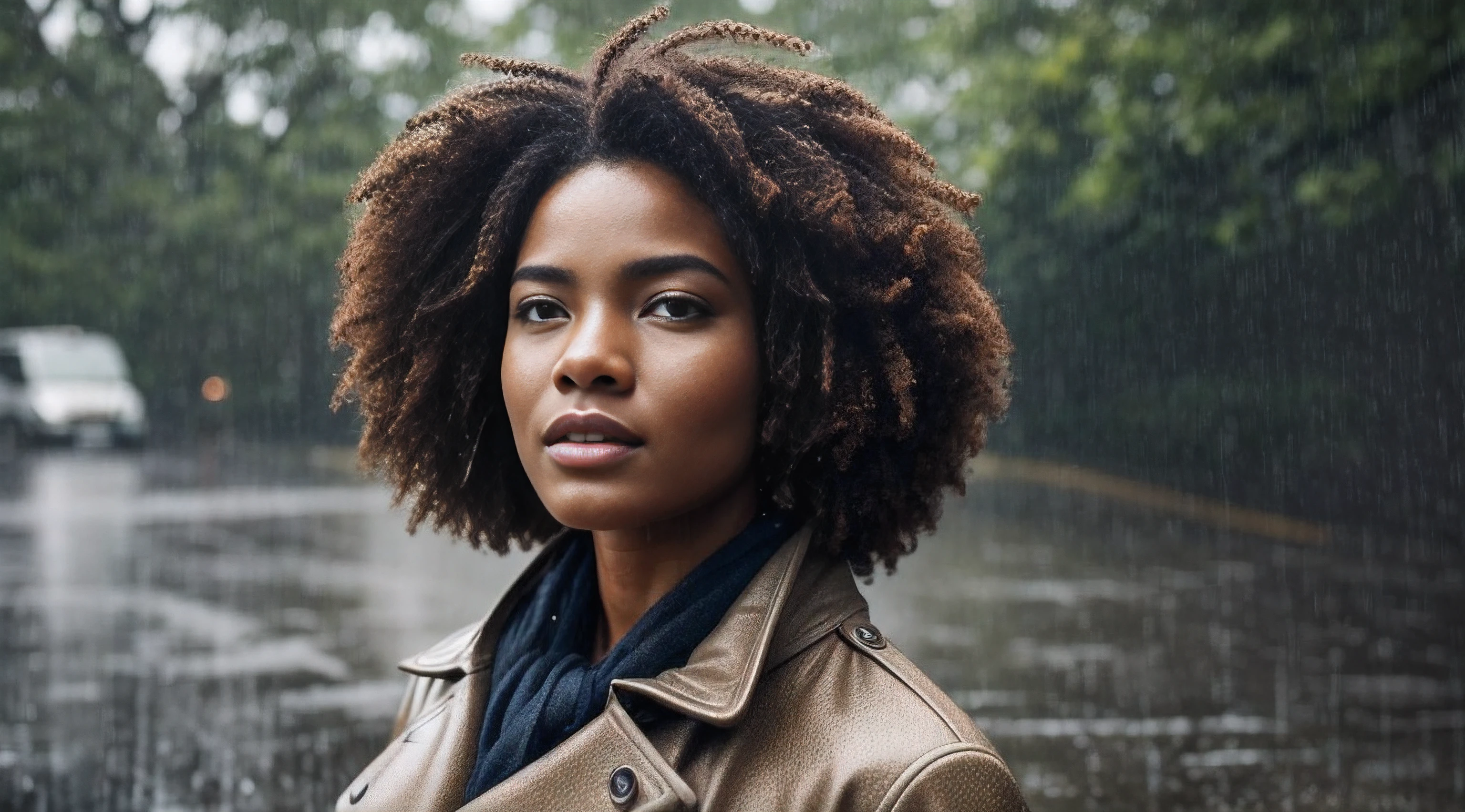 «»A captivating photorealistic image of a confident Afro woman in professional attire, atrapado en un aguacero torrencial al amanecer. She exudes poise and determination, A pesar de la fuerte lluvia que deja su ropa y cabello completamente empapados. La lluvia cae fuerte, creating a fascinating and dramatic effect as the raindrops shimmer on your skin and clothing. The soft morning light adds a touch of warmth to the scene, proyectando un suave resplandor en la cara de la mujer y creando hermosos reflejos en el suelo mojado. El entorno al aire libre presenta un entorno urbano con agua de lluvia que fluye en las calles, rodeado por el sutil resplandor de las farolas. The woman&#39;s expression shows her strength and resilience as she stands tall amidst the powerful rain... Tipo de imagen: Photorealistic photography. Artistic styles: fashion photograhy, Retrato al aire libre. Artistic Inspirations: Renowned portrait photographers, naturalistic images. camera: Primer plano. camera lens: Lente de 50 mm. vista: Front view. luci: Soft morning light with rain. Hacer: High resolution with exceptional attention to capturing a woman&#39;s emotions, su comportamiento profesional, y el poderoso impacto de la lluvia. Resaltar la autenticidad y la fuerza del momento.»»