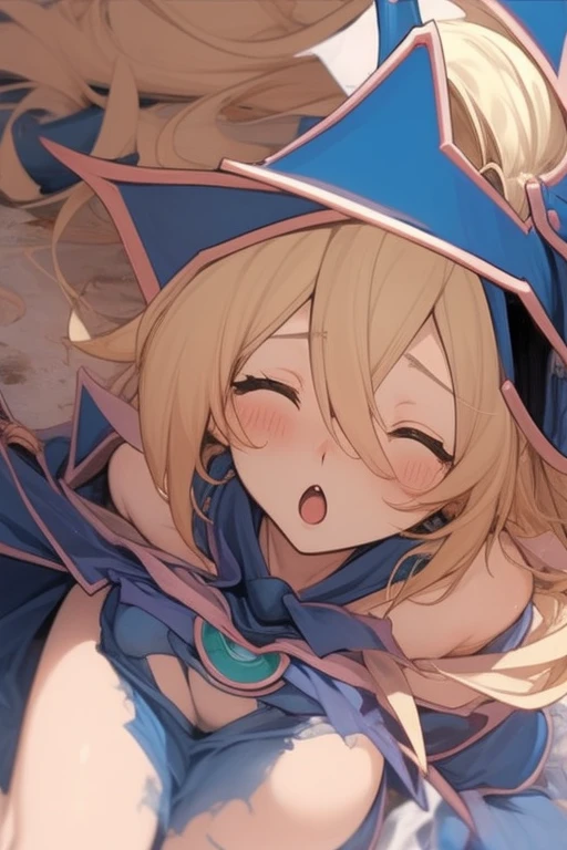 tottering, perfect anatomy, white underwear, close up, closed eyes, sad, annoying, despair, tearing up, tired, :o, bleed, dirty, torn clothes, detailed background, Black Magician Girl