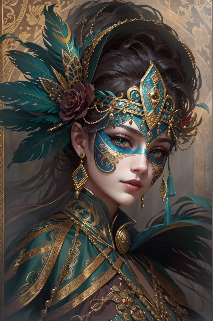 (A girl wearing a Venetian mask),delicated face,Beautifully decorated mask,colorful feather,Fine craftsmanshiate motifs,shimmering jewelry,mystical ambiance,artistic depiction,gentlesoftlighting,Vibrant colors,Carnival in Venice,Classic,traditional clothing,Luxurious fabrics,Elaborate headgear,Masquerade,Beautiful posture,historical context、Moon Night、Charming feelinask worn by nobles、The secret of whisperinystical、unique and captivating imagery。