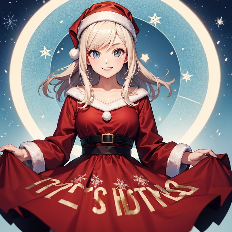 A 25 years old girl wearing Christmas dress, Christmas time, smiling face, looking at viewer