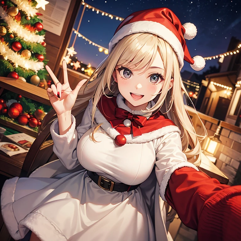 A 25 years old girl wearing Christmas dress, Christmas time, smiling face, looking at viewer