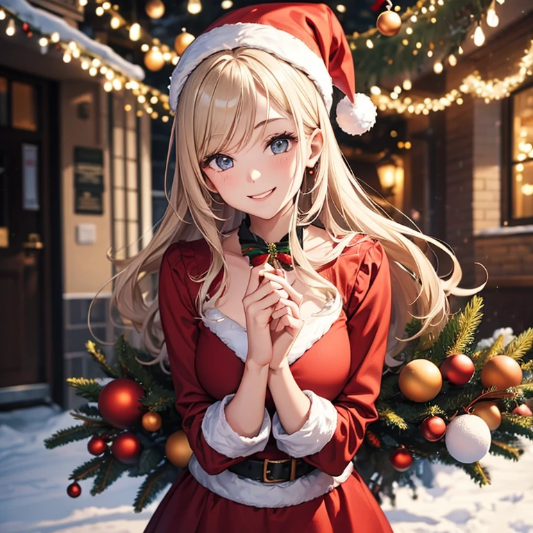 A 25 years old girl wearing Christmas dress, Christmas time, smiling face, looking at viewer