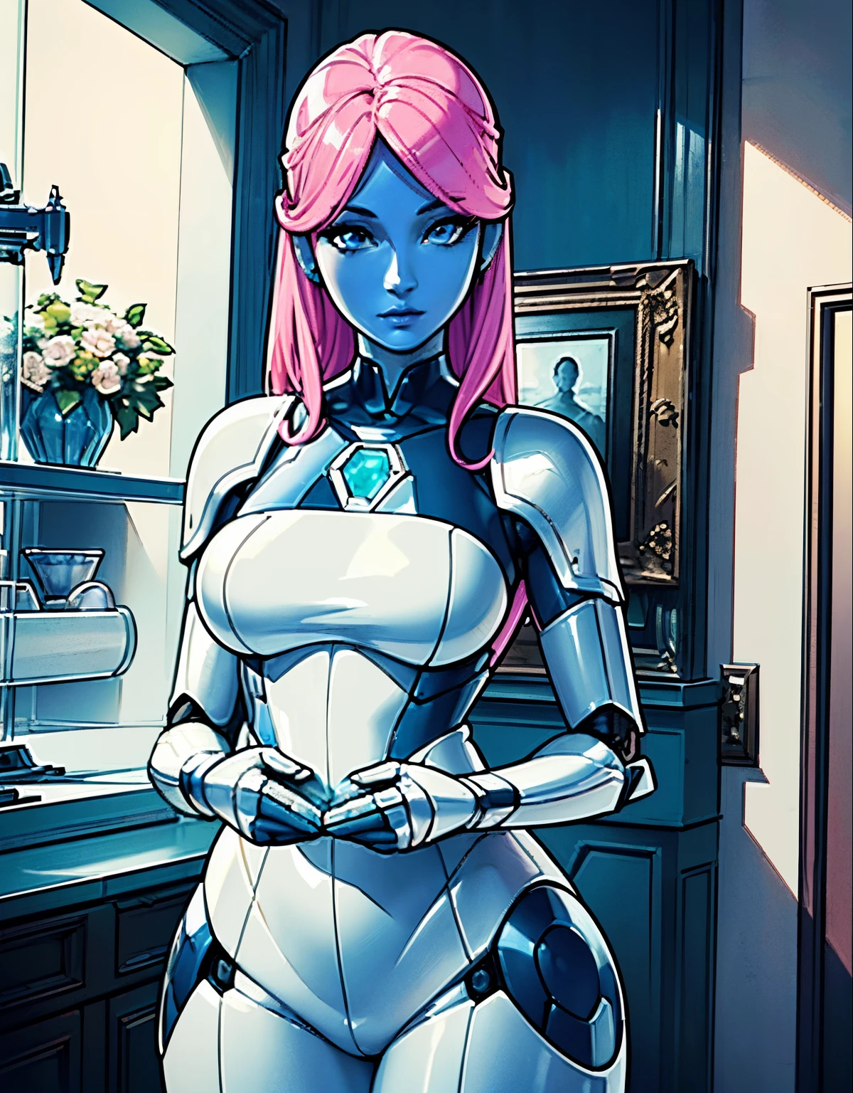 (robot housewife),(display case),(pink dreslonde hair),(blue eyes),(plastic skin),(best quality,4k,8k,highres,masterpiece:1.2),ultra-detailed,(realistic,photorealistic,photo-realistic:1.37),portraits,(vibrant colors,colorful:1.1),(soft lighting),(silverware),(spotless kitchen),(beautifully decorated room),(elegant surroundingig windows),(tidy and organized),(comfortable living space),(tastefully designed),(stunning artwork),glass showcase),(precious collectibles),(interesting artifacts),(showcasing treasures),(spotlight),(meticulously arranged),(enticing arrangement), (robot parts)