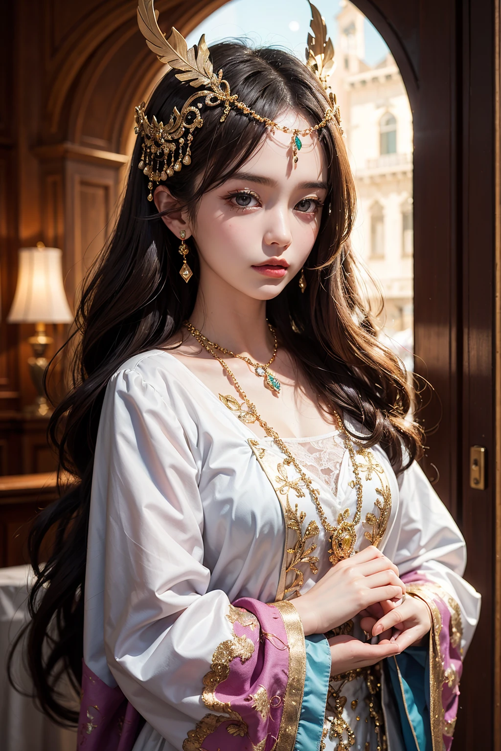 （A girl wearing a Venetian mask），delicated face，Beautifully decorated mask，colorful feather，Fine craftsmanshiate motifs，shimmering jewelry，mystical ambiance，artistic depiction，gentlesoftlighting，Vibrant colors，Carnival in Venice，Classic，traditional clothing，Luxurious fabrics，Elaborate headgear，Masquerade，Beautiful posture，historical context、Moon Night、Charming feelinask worn by nobles、The secret of whisperinystical、unique and captivating imagery。