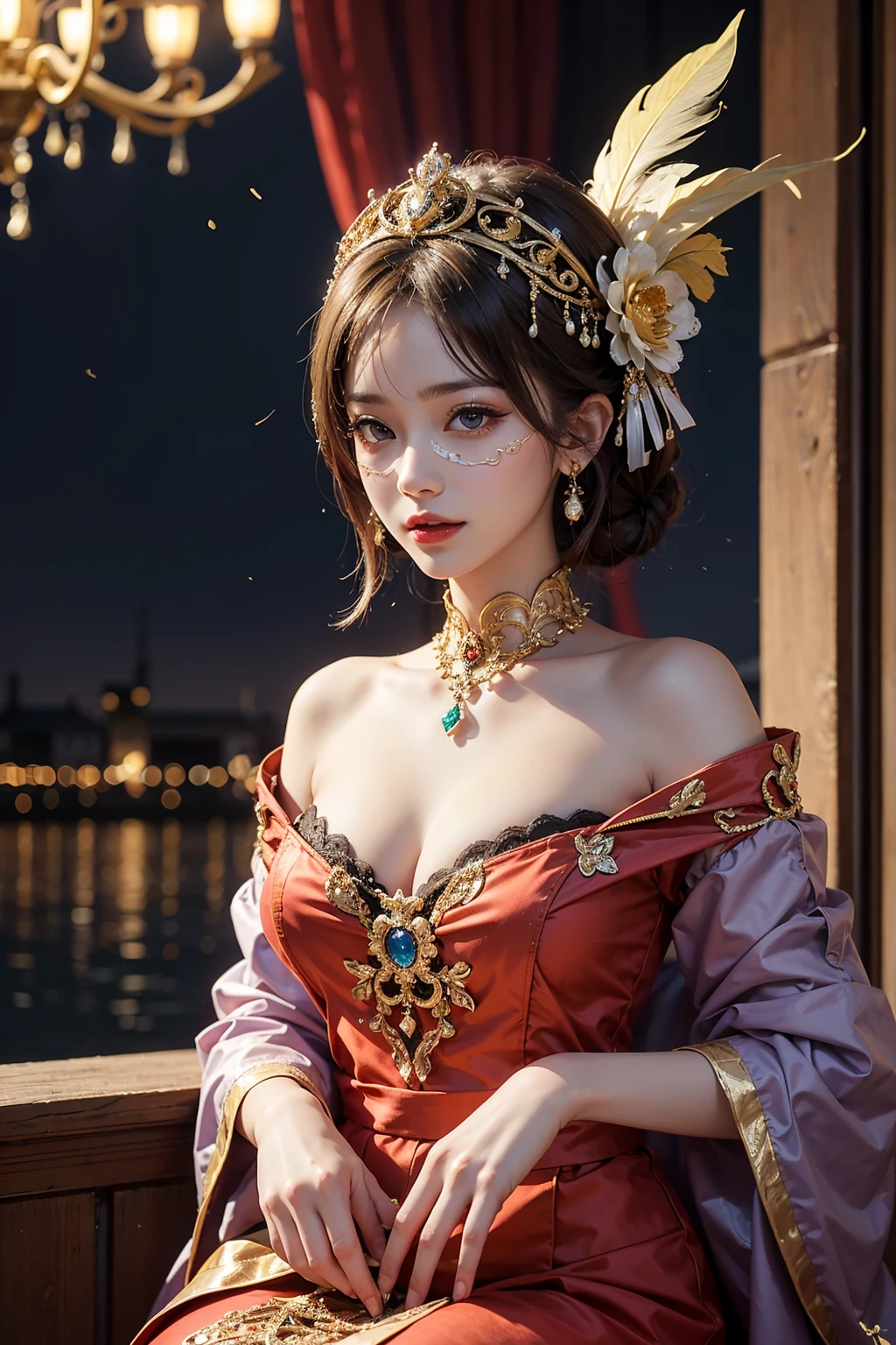 (A girl wearing a Venetian mask),delicated face,Beautifully decorated mask,colorful feather,Fine craftsmanshiate motifs,shimmering jewelry,mystical ambiance,artistic depiction,gentlesoftlighting,Vibrant colors,Carnival in Venice,Classic,traditional clothing,Luxurious fabrics,Elaborate headgear,Masquerade,Beautiful posture,historical context、Moon Night、Charming feelinask worn by nobles、The secret of whisperinystical、unique and captivating imagery。