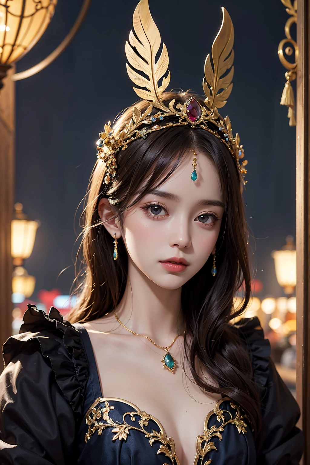 (A girl wearing a Venetian mask),delicated face,Beautifully decorated mask,colorful feather,Fine craftsmanshiate motifs,shimmering jewelry,mystical ambiance,artistic depiction,gentlesoftlighting,Vibrant colors,Carnival in Venice,Classic,traditional clothing,Luxurious fabrics,Elaborate headgear,Masquerade,Beautiful posture,historical context、Moon Night、Charming feelinask worn by nobles、The secret of whisperinystical、unique and captivating imagery。