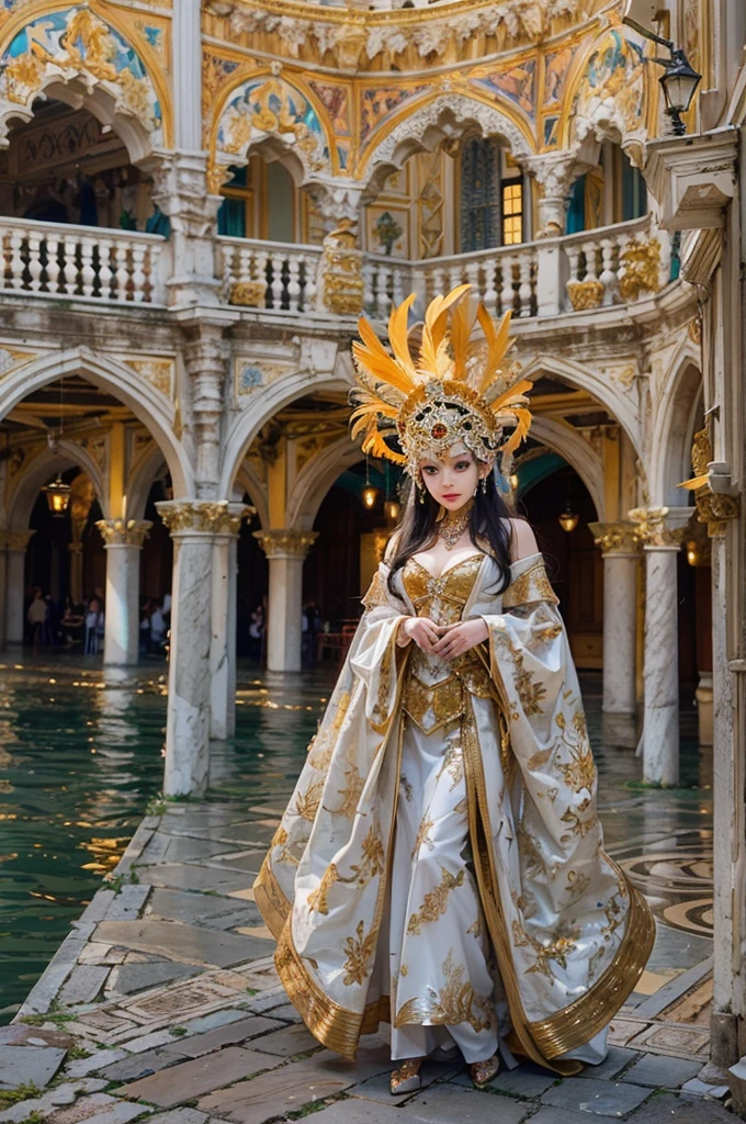 (A girl wearing a Venetian mask),delicated face,Beautifully decorated mask,colorful feather,Fine craftsmanshiate motifs,shimmering jewelry,mystical ambiance,artistic depiction,gentlesoftlighting,Vibrant colors,Carnival in Venice,Classic,traditional clothing,Luxurious fabrics,Elaborate headgear,Masquerade,Beautiful posture,historical context、Moon Night、Charming feelinask worn by nobles、The secret of whisperinystical、unique and captivating imagery。