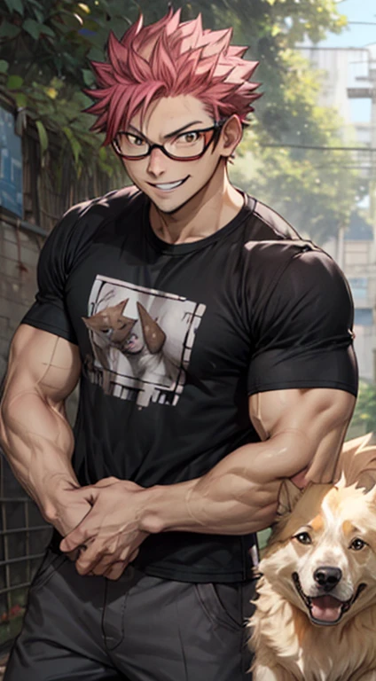 a man with a muscular body and a German Sheppard dog, Natsu Dragneel, the man wearing glasses, black T shirt, in a dog's park, the man carrying and hugging the dog, the high well detailed, face focus, happy smile, happy dog, heart-warming,