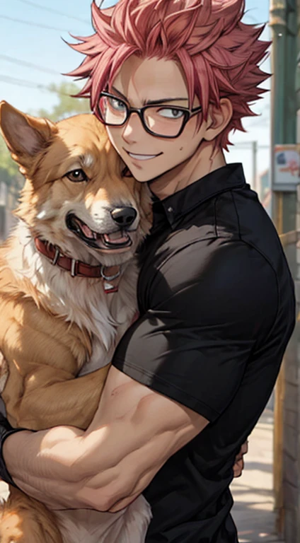 a man with a muscular body and a German Sheppard dog, Natsu Dragneel, the man wearing glasses, blshirtless bare chested, in a dog's park, the man carrying and hugging the dog, the high well detailed, face focus, happy smile, happy dog, heart-warming,