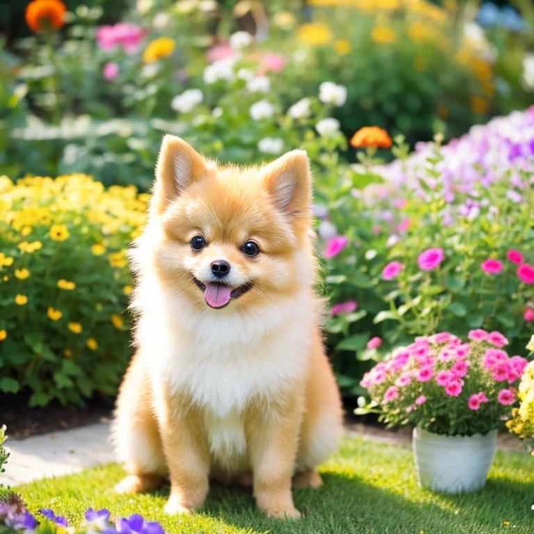 "A cute  beige big Pomeranian with a playful expression, sitting on a flower garden."