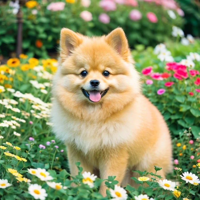 "A cute beige big Pomeranian with a playful expression, sitting on a flower garden."