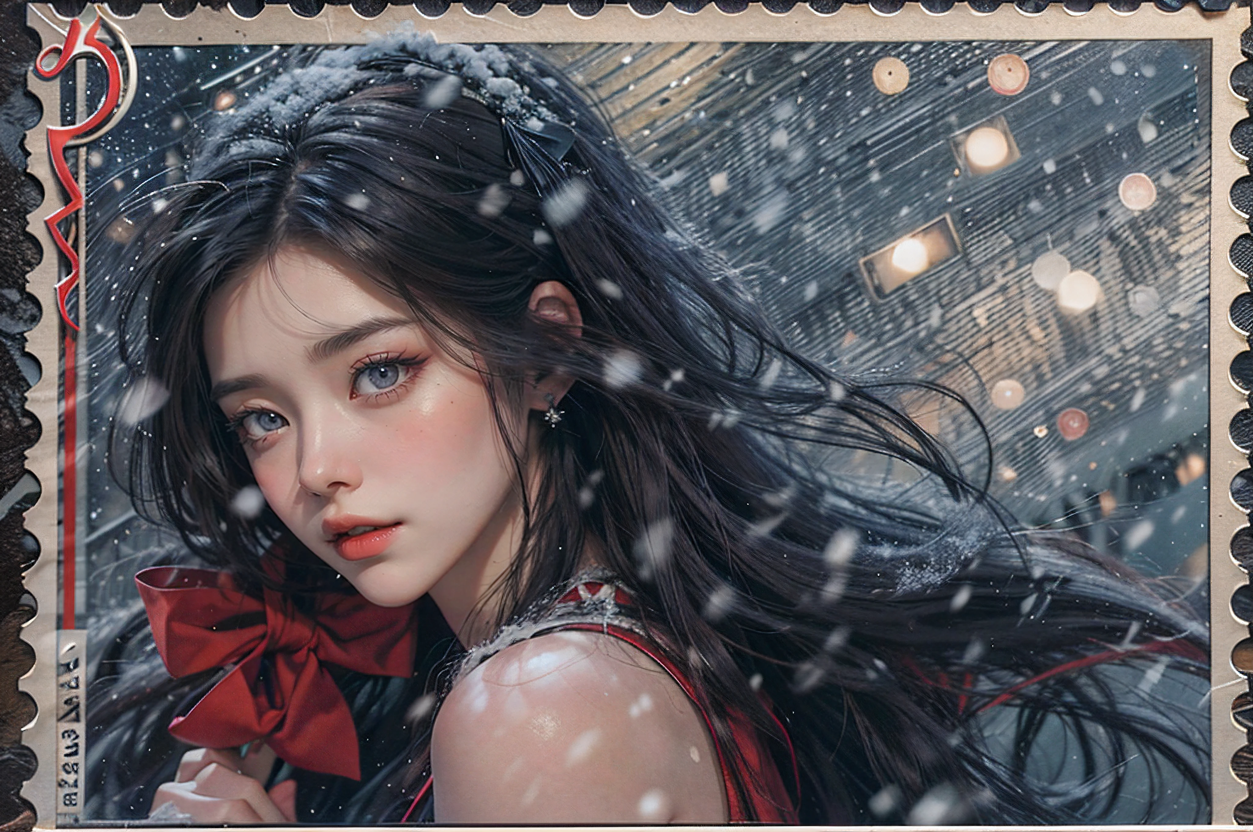 best quality, 8k, UHD, highres, masterpiece, ultra-detailed, realistic, photorealistic, photo-realistic, 1woman, long hair, postcard design, postcard, super detail, A postcard in Christmas theme, snow, winter, beautiful, long dark hair, outdoor, snowfall