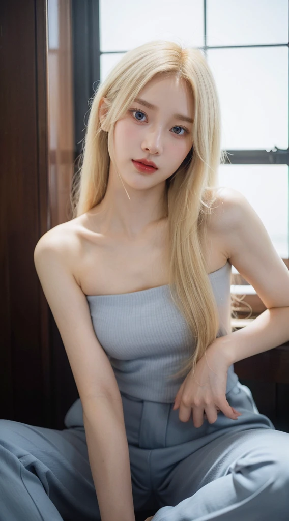 The most artistic picture quality,超高分辨率,8K分辨率,a beautiful ukraine,tall and sleek,With a petite figure,Pure and cute,Around 20 years old,Goose egg face,(exquisite facial features),( a perfect face),(Glowing skin),long eyelasher,Beautiful students(Lying silkworm),Moisturizing red lips without feeling,Long gray hair,(((blond hair blue eyes))),golden curly hair,((sofe)),sitted,((looking at viewert)),((HD full face photo)),Medium shot ,seven man shooting,sitting upright,leaning backward,Delicate arms,dress like a soldier,army pants,commando。