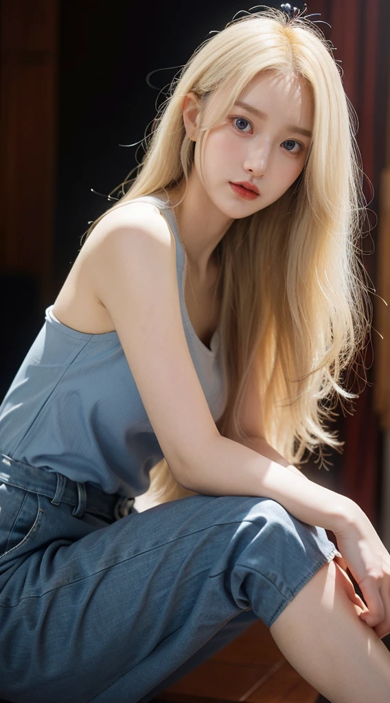 The most artistic picture quality，超高分辨率，8K分辨率，a beautiful ukraine，tall and sleek，With a petite figure，Pure and cute，Around 20 years old，Goose egg face，(exquisite facial features)，(   a perfect face)，(Glowing skin)，long eyelasher，Beautiful students(Lying silkworm)，Moisturizing red lips without feeling，Long gray hair，(((blond hair blue eyes)))，golden curly hair，((sofe))，sitted，((looking at viewert))，((HD full face photo))，Medium shot   ，seven man shooting，sitting upright，leaning backward，Delicate arms，dress like a soldier，army pants，commando。