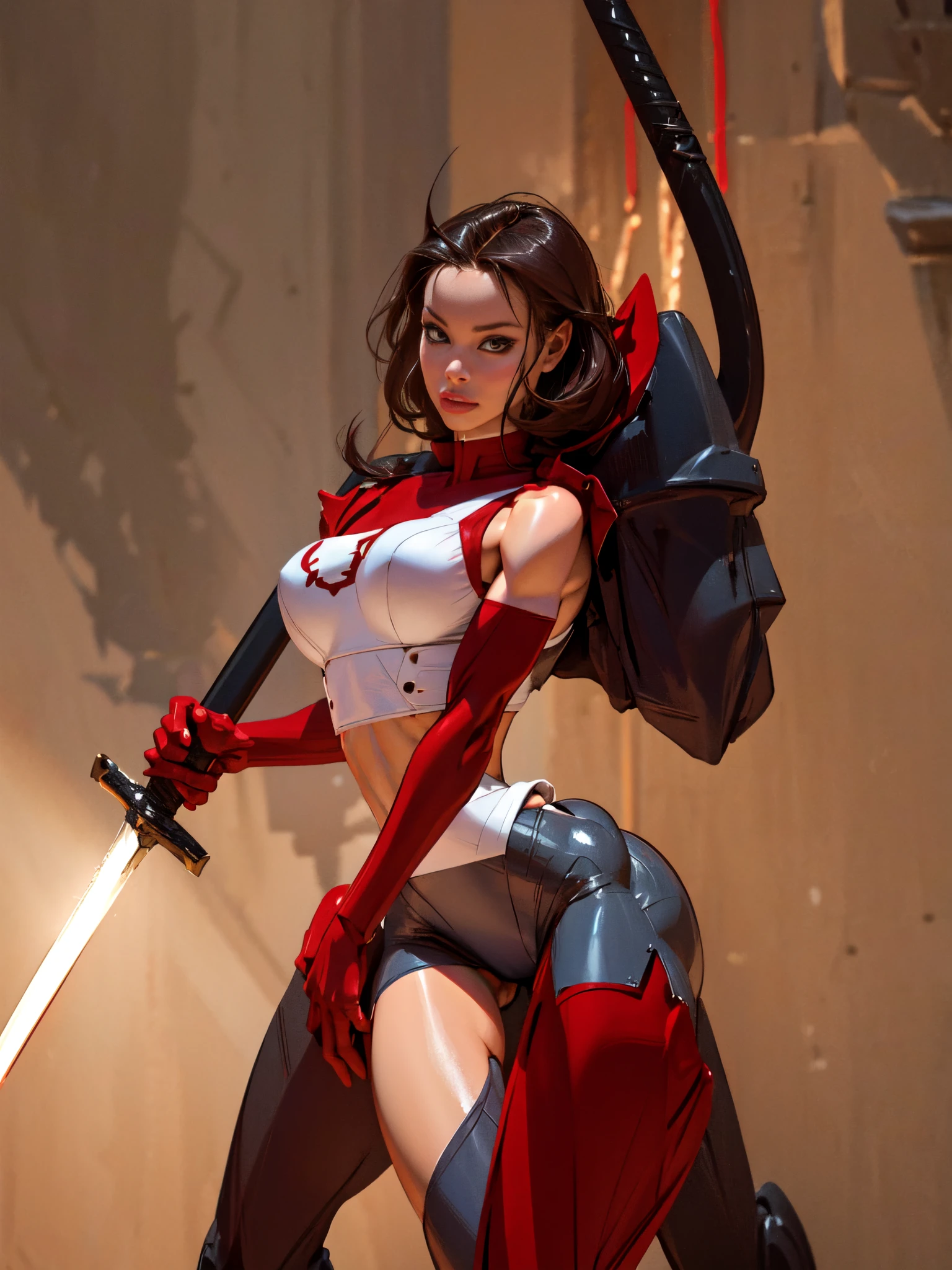 (best qualityer))), (((manga strokes))), (((back view))), (((perfect ass))), woman red knight, (((red helmet))), metal panties, medieval albino girl, Barbed wire garter belt, breasts covered with a metallic chest protector shaped like bat wings, curly black hair, long ribbon-garter, chains wrapped around the arm, metal gloves, great sword, medieval castle, fitness body, blood, nude belly, coxas nuas (((manga style))), violent, Manic, slenderbody, thin but strong, perfectbody, armor black, ornate metal sleeves, (( cowboy shot )). Intricate look with a huge medieval castle