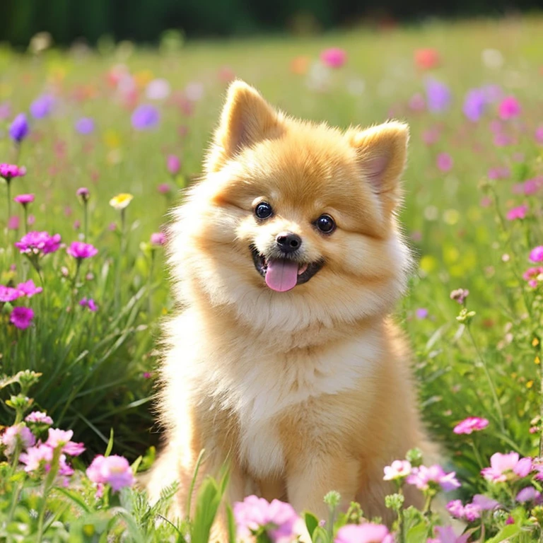 "A large beige Pomeranian with a cute playful expression, sitting in a field of flowers."