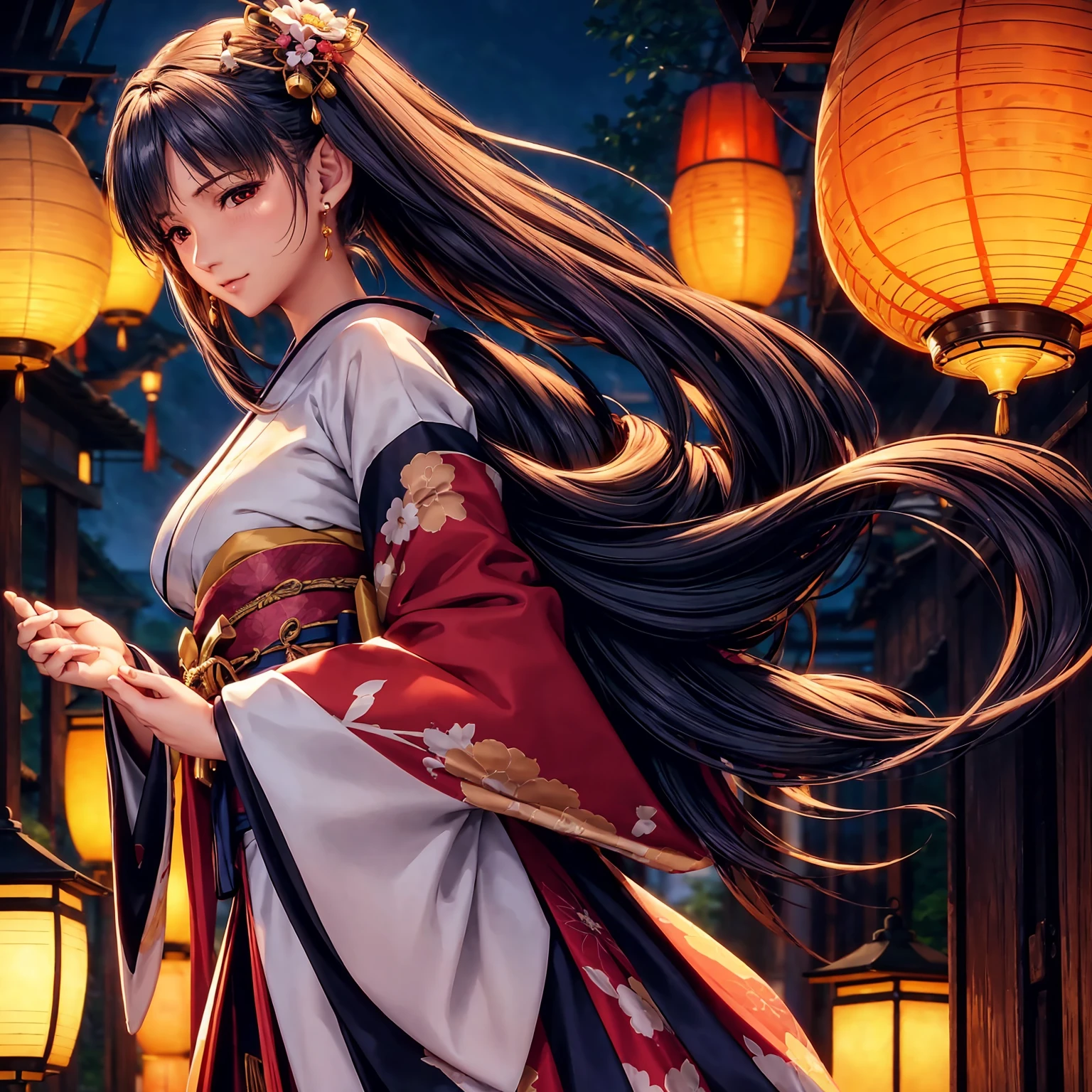 (top-quality、masterpiece、very high res、超A high resolution,High resolution details 1.5)、A woman of perfect and ultimate beauty(24 years old 1.5)、(Beautiful breasts and body shape 1.5)、Beautiful body、美丽的面容、large pink,Long hair,Beautiful hair、Japan hair ornament,realistic textured skin,Wearing a beautiful Japanese long kimono,Kimono has colors and patterns.,Kimono sleeves and obi are long,Arms outstretched,Exposed shoulders from kimono,I can see the cleavage,wearing a stole,Bright smile,Mouth opens,Hair flutters under the influence of the wind,The sleeves and obi of a kimono flap due to the wind.,that is a mysterious place,Fantastic night sky and beautiful full moon,Lantern light,Beautiful Landscapes、(accurate detail、the detailed images、Accurate images、Perfect Image 1.5)、、beautiful anime woman, Beautiful Art Style, an animated character、The whole picture、Detailed picture、accurate anatomy、Defect-free images、natural soft light、beautiful image、extremely detailed picture、(Best Shot 1.2)