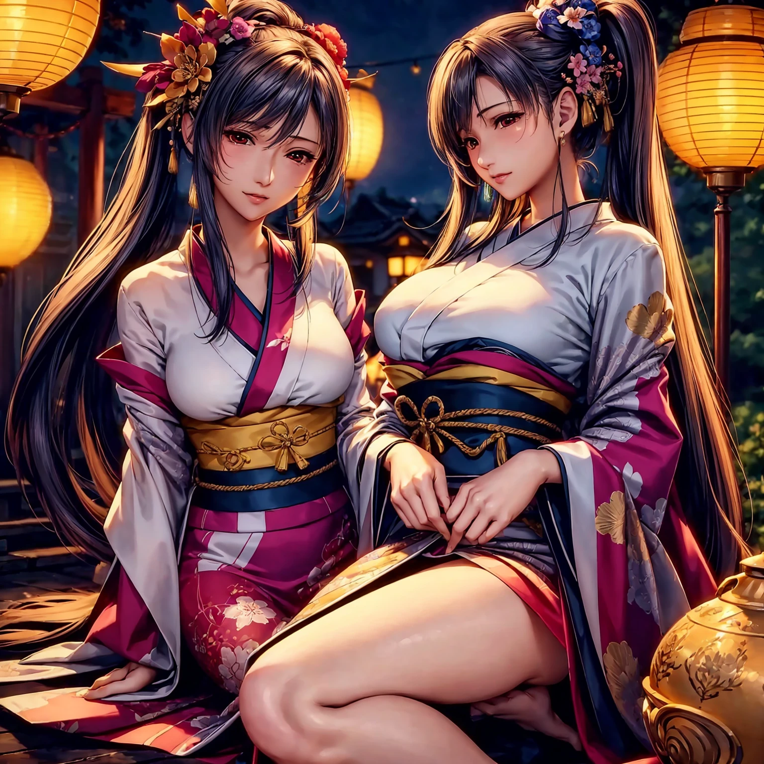 (top-quality、masterpiece、very high res、超A high resolution,High resolution details 1.5)、A woman of perfect and ultimate beauty(24 years old 1.5)、(Beautiful breasts and body shape 1.5)、Beautiful body、美丽的面容、large pink,Long hair,Beautiful hair、Japan hair ornament,realistic textured skin,Wearing a beautiful Japanese long kimono,Kimono has colors and patterns.,Kimono sleeves and obi are long,Arms outstretched,Exposed shoulders from kimono,I can see the cleavage,wearing a stole,Bright smile,Mouth opens,Hair flutters under the influence of the wind,The sleeves and obi of a kimono flap due to the wind.,that is a mysterious place,Fantastic night sky and beautiful full moon,Lantern light,Beautiful Landscapes、(accurate detail、the detailed images、Accurate images、Perfect Image 1.5)、、beautiful anime woman, Beautiful Art Style, an animated character、The whole picture、Detailed picture、accurate anatomy、Defect-free images、natural soft light、beautiful image、extremely detailed picture、(Best Shot 1.2)