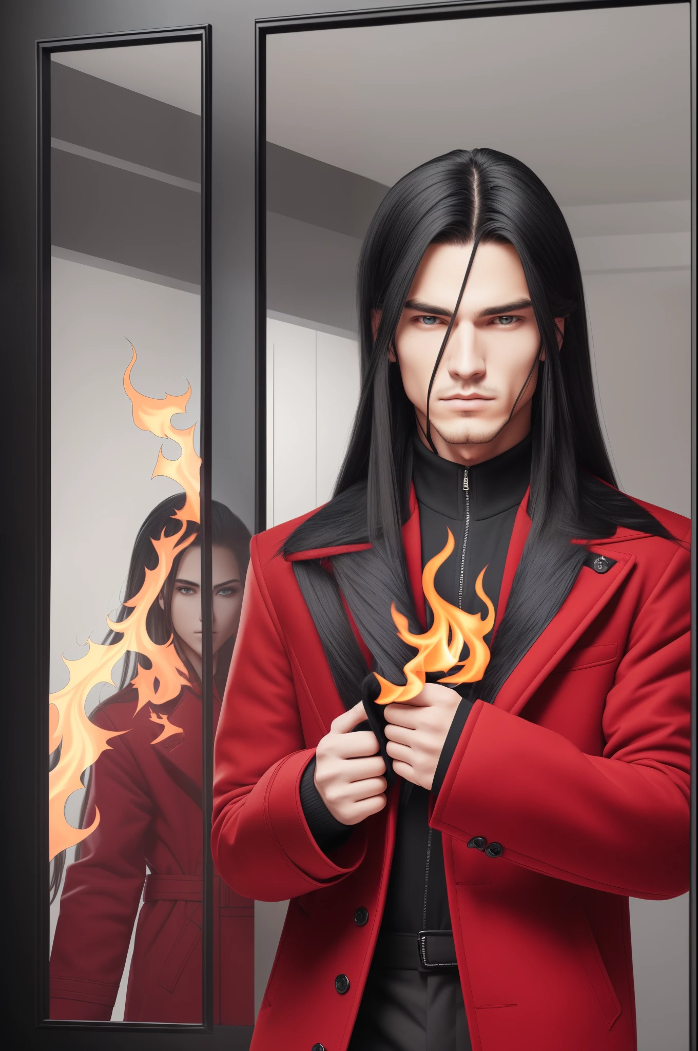 Male With long hair combed back into a ponytailWith black hair with red hairs, red eyes like flames, with a flame pattern on the left side of the face, with a medium build, white skin in a gray half-jacket, half a coat with patterns of red flames, mirror dark gray gloves covering the entire hand with a dark gray sweater under a dark red coat trousers and black clothing with red soles full height --auto --s2