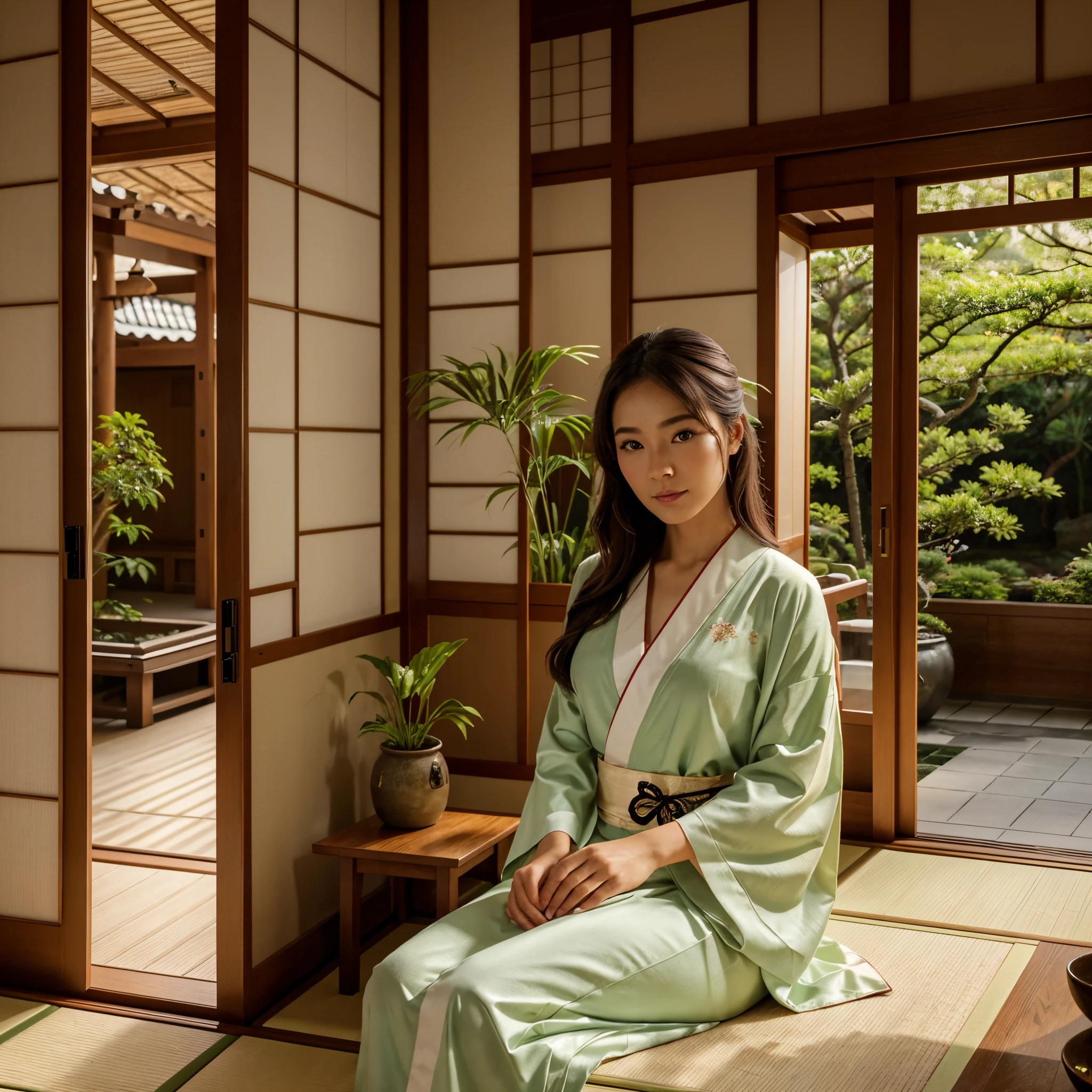 a living room with a view of a traditional japanese garden, tea time, a beautiful woman enjoying the scenery, (front view of woman), wearing kimono, upper body portrait, detailed face and eyes, some plants indoor, cozy house, morning, zen style, wooden interior, photorealistic