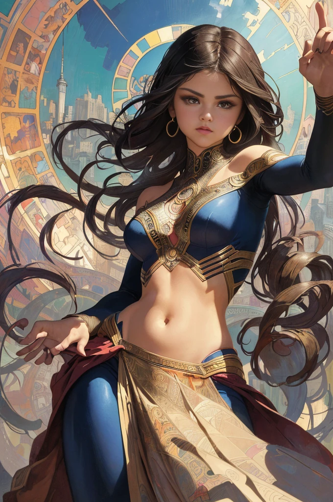 Selena Gomez、Sticking out the navel、newyork、She wears a torn Spider-Man suit,wearing skirt、abstract photorealistic、artistic、Alphonse Mucha's painting(masterpiece、top-quality、hight resolution:1.4)、detaileds、intricate-detail、4K、color splashes、line-drawing、Fibonacci、
