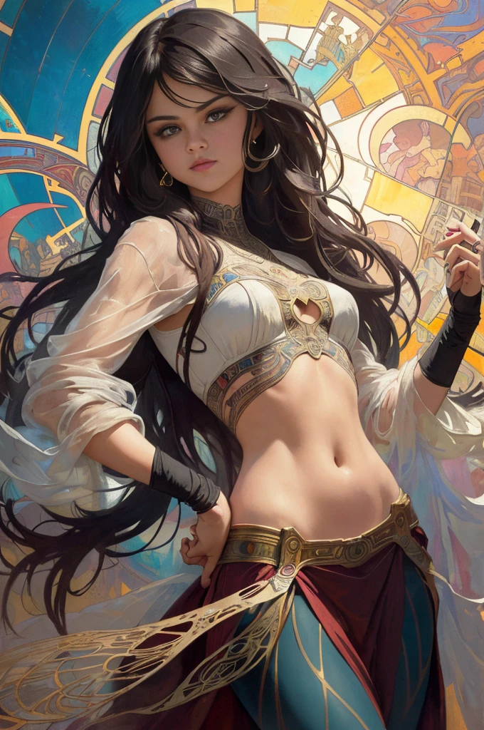 Selena Gomez、Sticking out the navel、newyork、She wears a torn Spider-Man suit,wearing skirt、abstract photorealistic、artistic、Alphonse Mucha's painting(​masterpiece、top-quality、hight resolution:1.4)、detaileds、intricate-detail、4K、color splashes、line-drawing、Fibonacci、