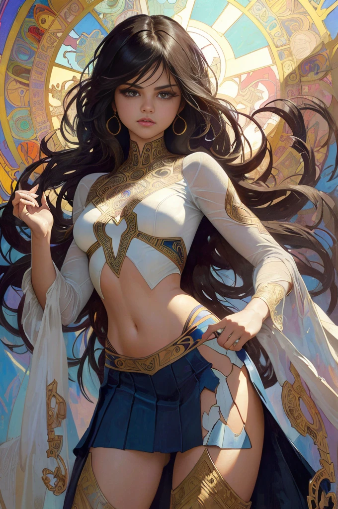 Selena Gomez、Sticking out the navel、newyork、She wears a torn Spider-Man suit,wearing skirt、abstract photorealistic、artistic、Alphonse Mucha's painting(masterpiece、top-quality、hight resolution:1.4)、detaileds、intricate-detail、4K、color splashes、line-drawing、Fibonacci、