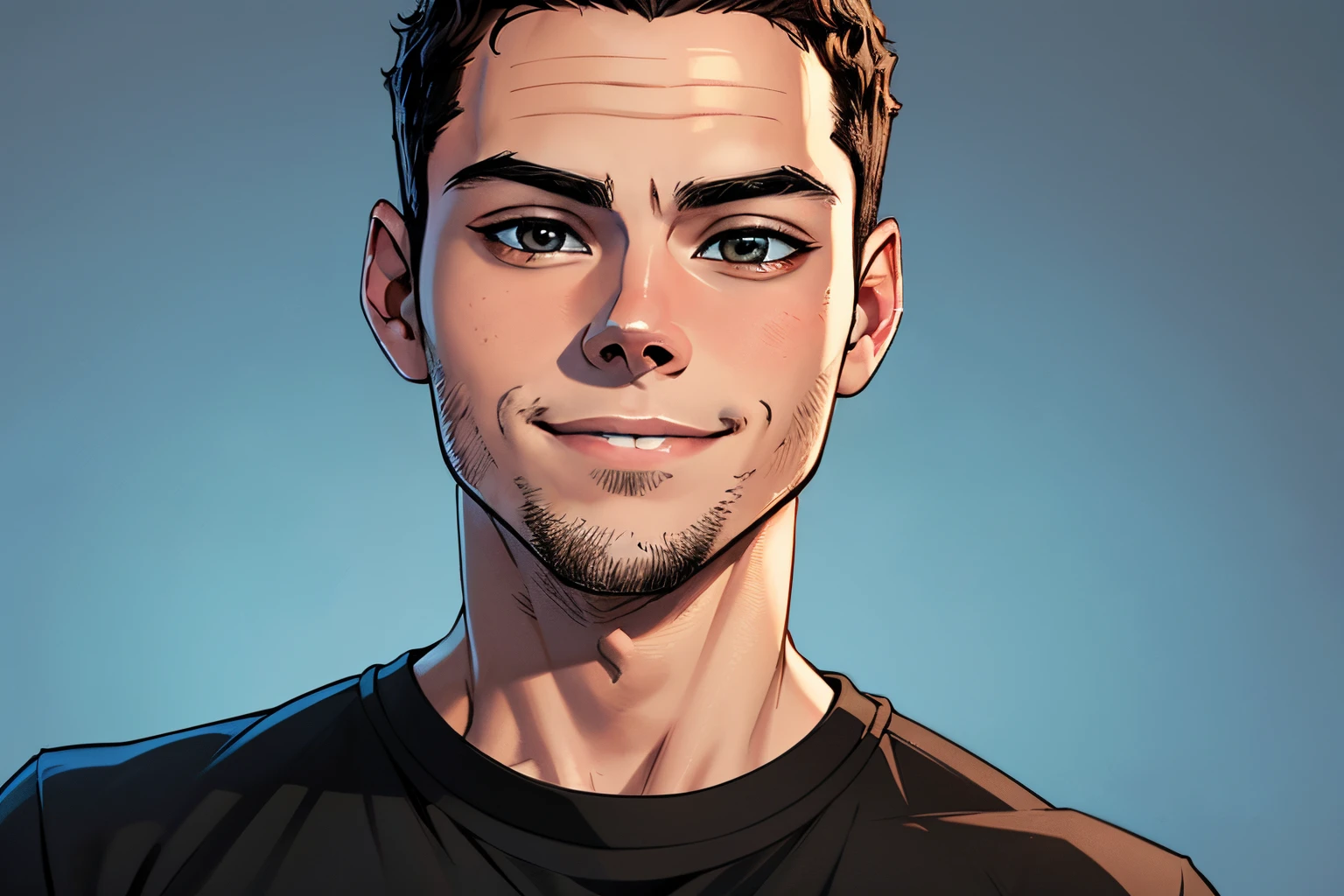 dylan o'brien, 20 age,bald with little black hair. small brown eyes, light brown skin, portail style, smile, black shirt, blue background, thin beard.