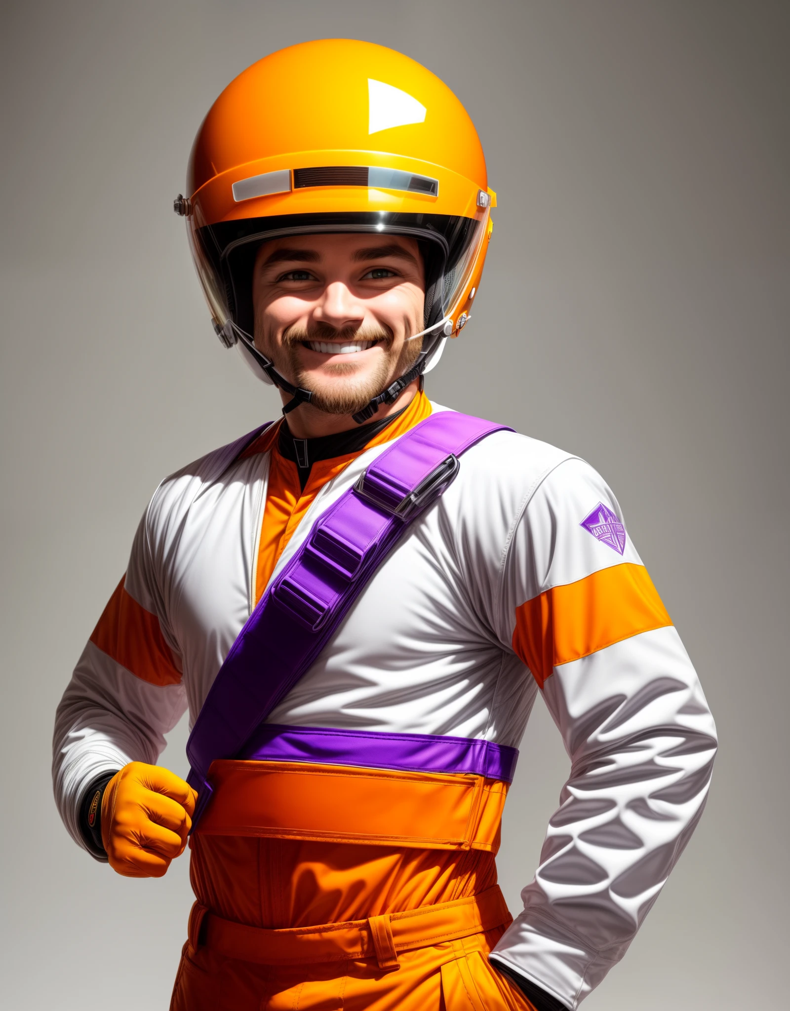 "HD with precise details, cartoon style. | On a white background, a character with a captivating smile stands out. Wearing a white helmet, orange jumpsuit with a letter A on his chest and purple gloves, the character standing with an arm raised. | The composition focuses on the cheerful character, highlighting details such as the contagious smile and the lively posture. The white helmet adds a touch of uniqueness, while the orange jumpsuit with the letter A provides a unique identity. | Attention directed to the cartoon character, with emphasis on facial expression, vibrant colors and dynamic position. The white background creates a contrast, the character the main focus of the image. | Drawing of a cartoon character with a white helmet, orange jumpsuit, letter A on the chest and purple gloves, smiling and with a raised arm, in HD details | (perfect_pose), He adopting a ((dynamic_pose as stands, confidently with one arm raised):1.erfect_hands, perfect_fingers, perfect_legs, better_handull_body)), More_Detail".