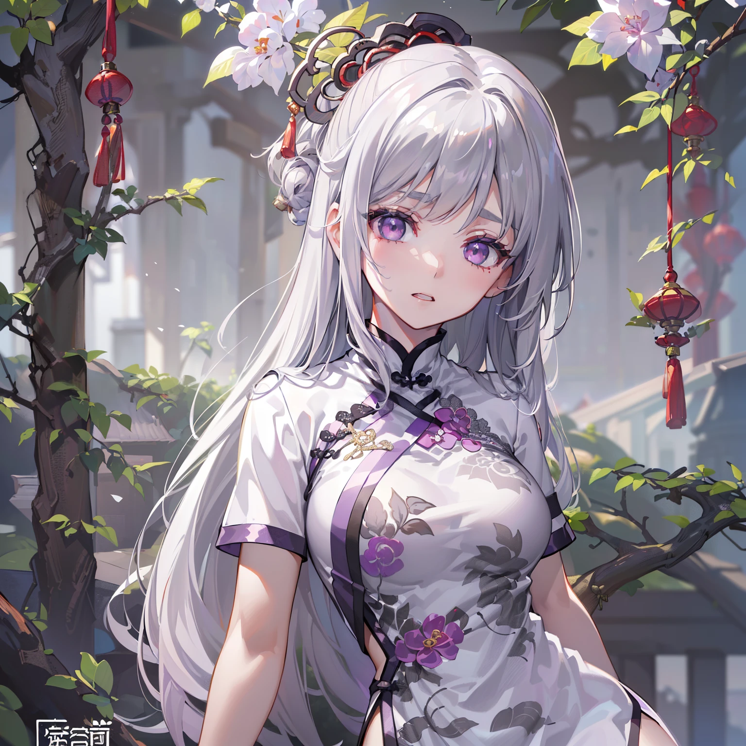 (white backgrounid:1.4),(8K, Best quality at best, tmasterpiece:1.2),\(Eyes detailed\),\(facial feature\),(\(Clothing details body details,(surface focus) ,Very detailed CG-8k wallpaper,hugefilesize,ultra - detailed,A high resolution,Huang Li,beautidful eyes,ray traycing,Dramatic shadows,Detailed pubic hair,dramatic angles,hyper-detailing,(1 girl:1.3),(sonata),White hair,shinny hair,Long, straight hair,(Hair length to hips:1.1),red eyes,Air bangs,Willow eyebrows.(Purple-gray skin:1.3)+(white shiny skin),(short and delicate:1.2),Slim,Weakness of the body.(China Cheongsam:1.2)+(right thigh outcut only:1.2),Black embroidered shoes.