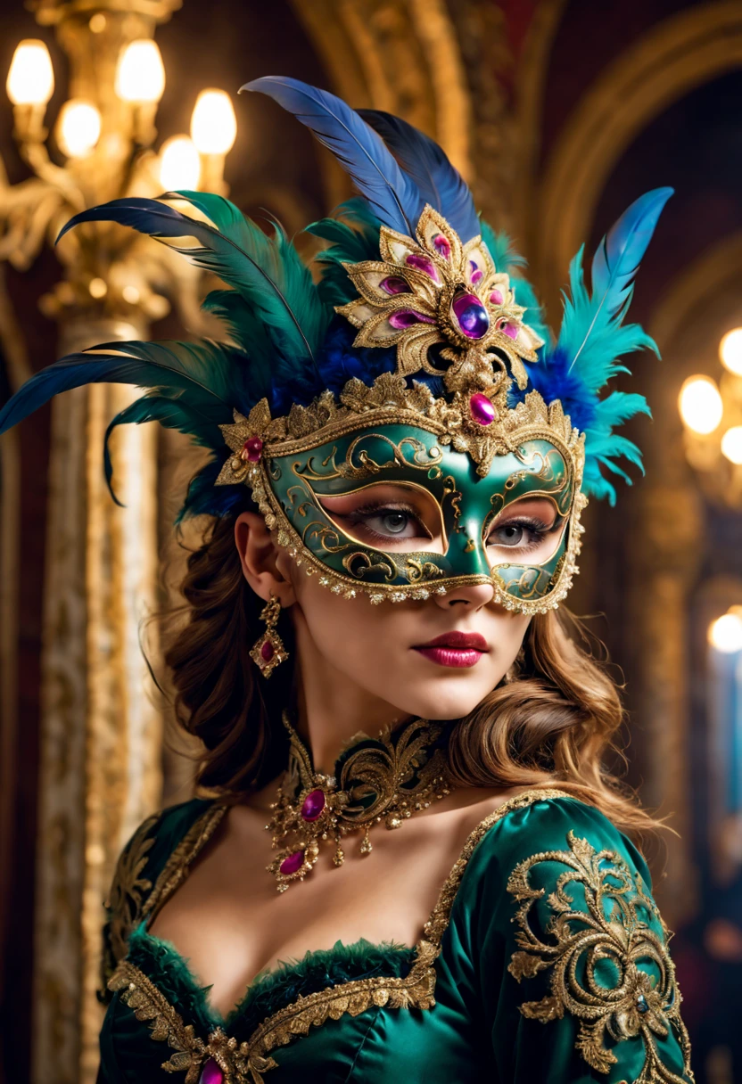 (a girl wearing a traditional Venetian mask),(best quality,highres),detailed face,beautifully decorated mask,colorful feathers,fine craftsmanship,ornate patterns,sparkling jewels,mysterious ambiance,artistic portrayal,soft lighting,vibrant colors,venetian carnival,classic beauty,traditional costume,luxurious fabric,elaborate headpiece,masquerade ball,historical setting,romantic,elegant architecture,moonlit night,enchanted feeling,mask worn by aristocrats,whispered secrets,mystical allure,unique and captivating imagery.