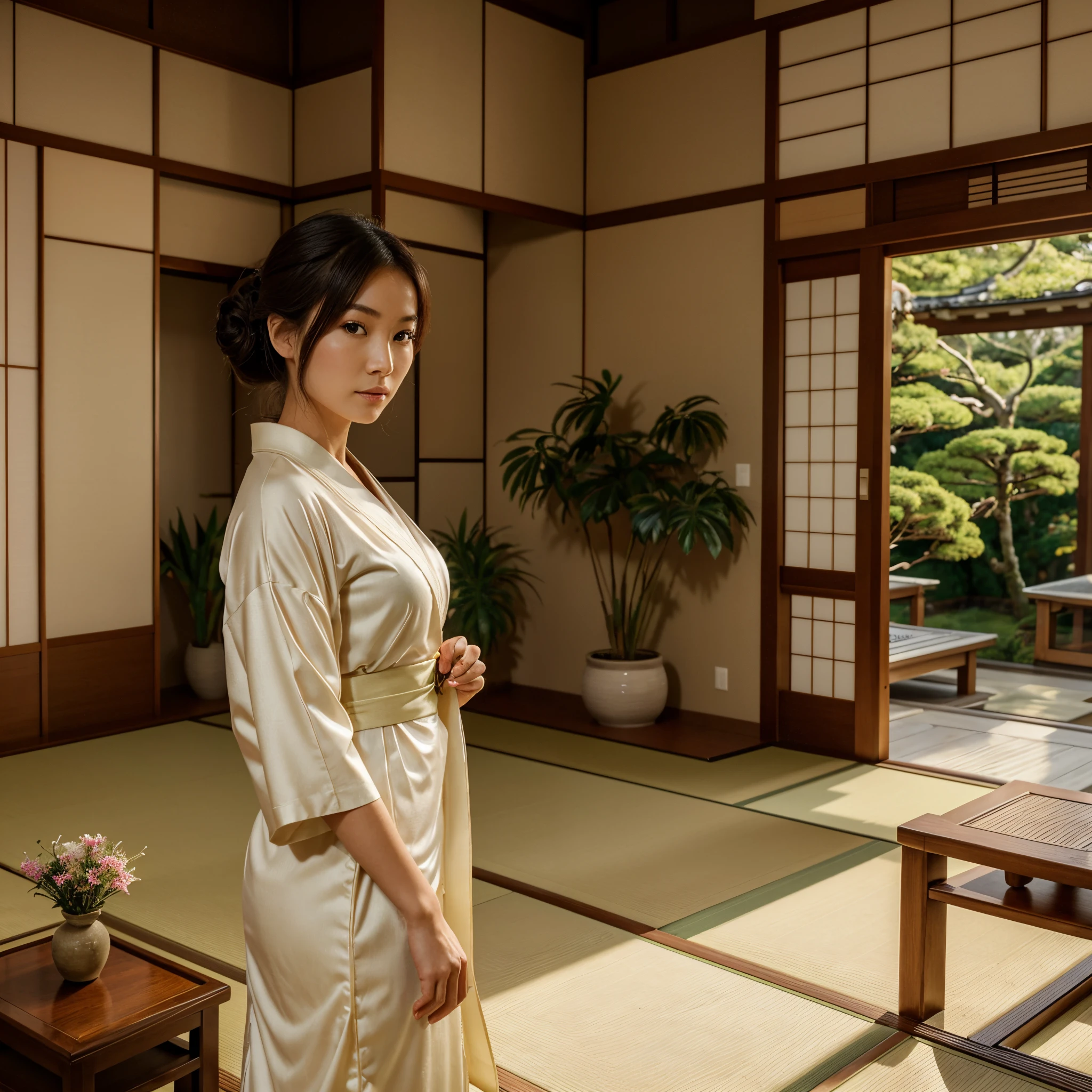 a living room with a view of a traditional japanese garden, tea time, (1girl), a beautiful woman enjoying the scenery, (front view of woman:1.3), wearing ivory kimono, upper body portrait, detailed face and eyes, some plants indoor, cozy house, morning, zen style, wooden interior, photorealistic