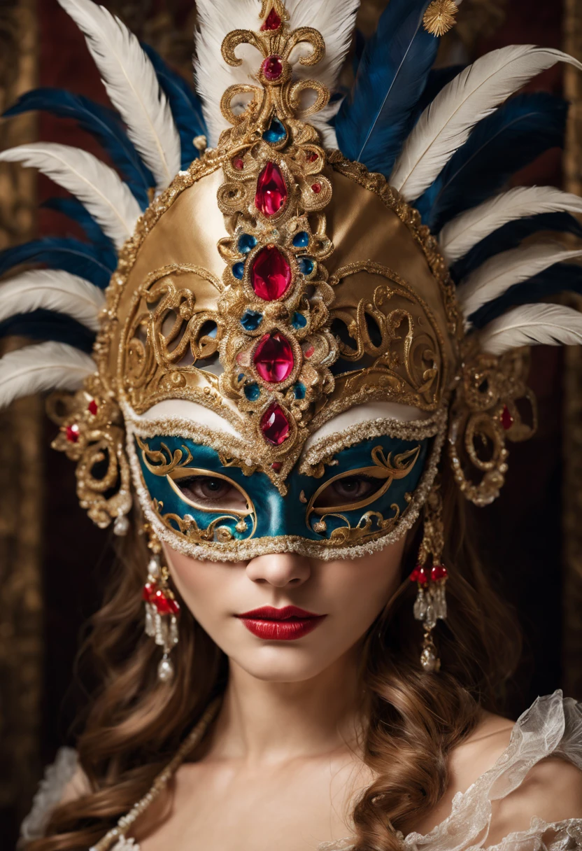 (a girl wearing a traditional Venetian mask),(best quality,highres),detailed face,beautifully decorated mask,colorful feathers,fine craftsmanship,ornate patterns,sparkling jewels,mysterious ambiance,artistic portrayal,soft lighting,vibrant colors,venetian carnival,classic beauty,traditional costume,luxurious fabric,elaborate headpiece,masquerade ball,historical setting,romantic,elegant architecture,moonlit night,enchanted feeling,mask worn by aristocrats,whispered secrets,mystical allure,unique and captivating imagery.
