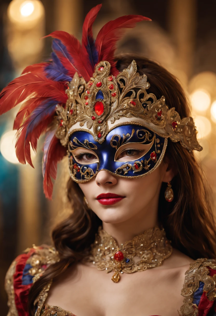 (a girl wearing a traditional Venetian mask),(best quality,highres),detailed face,beautifully decorated mask,colorful feathers,fine craftsmanship,ornate patterns,sparkling jewels,mysterious ambiance,artistic portrayal,soft lighting,vibrant colors,venetian carnival,classic beauty,traditional costume,luxurious fabric,elaborate headpiece,masquerade ball,historical setting,romantic,elegant architecture,moonlit night,enchanted feeling,mask worn by aristocrats,whispered secrets,mystical allure,unique and captivating imagery.