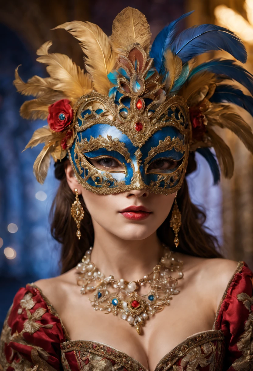 (a girl wearing a traditional Venetian mask),(best quality,highres),detailed face,beautifully decorated mask,colorful feathers,fine craftsmanship,ornate patterns,sparkling jewels,mysterious ambiance,artistic portrayal,soft lighting,vibrant colors,venetian carnival,classic beauty,traditional costume,luxurious fabric,elaborate headpiece,masquerade ball,historical setting,romantic,elegant architecture,moonlit night,enchanted feeling,mask worn by aristocrats,whispered secrets,mystical allure,unique and captivating imagery.