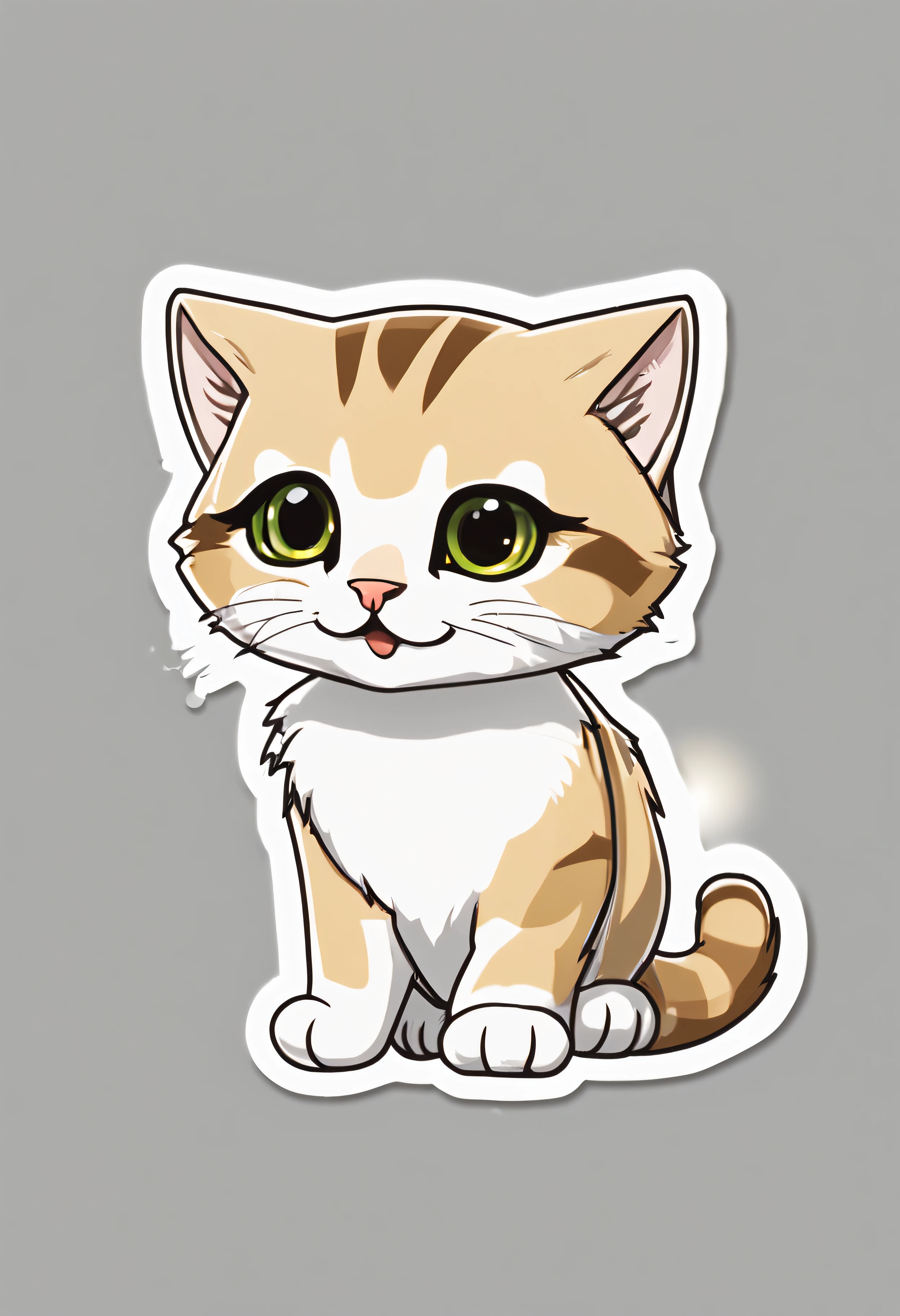 British shortsand cat cartoon sticker with white border., Thickness 2 cm., kawaii, His eyes sparkled.., A cheerful smile, Pure White, 1 x, high-detail, 4MMD, 10