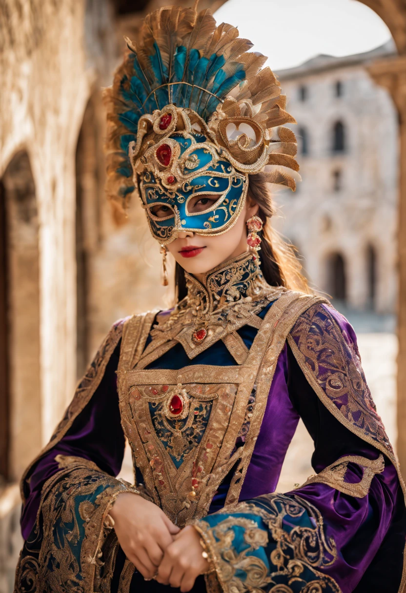 (a girl wearing a traditional Venetian mask),(best quality,highres),detailed face,beautifully decorated mask,colorful feathers,fine craftsmanship,ornate patterns,sparkling jewels,mysterious ambiance,artistic portrayal,soft lighting,vibrant colors,venetian carnival,classic beauty,traditional costume,luxurious fabric,elaborate headpiece,masquerade ball,historical setting,romantic,elegant architecture,moonlit night,enchanted feeling,mask worn by aristocrats,whispered secrets,mystical allure,unique and captivating imagery.